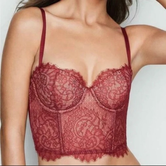 VICTORIA’S SECRET Dream Ángels CHANTILLY LACE MINI BUSTIER 32D Deep Red - Picture 1 of 5